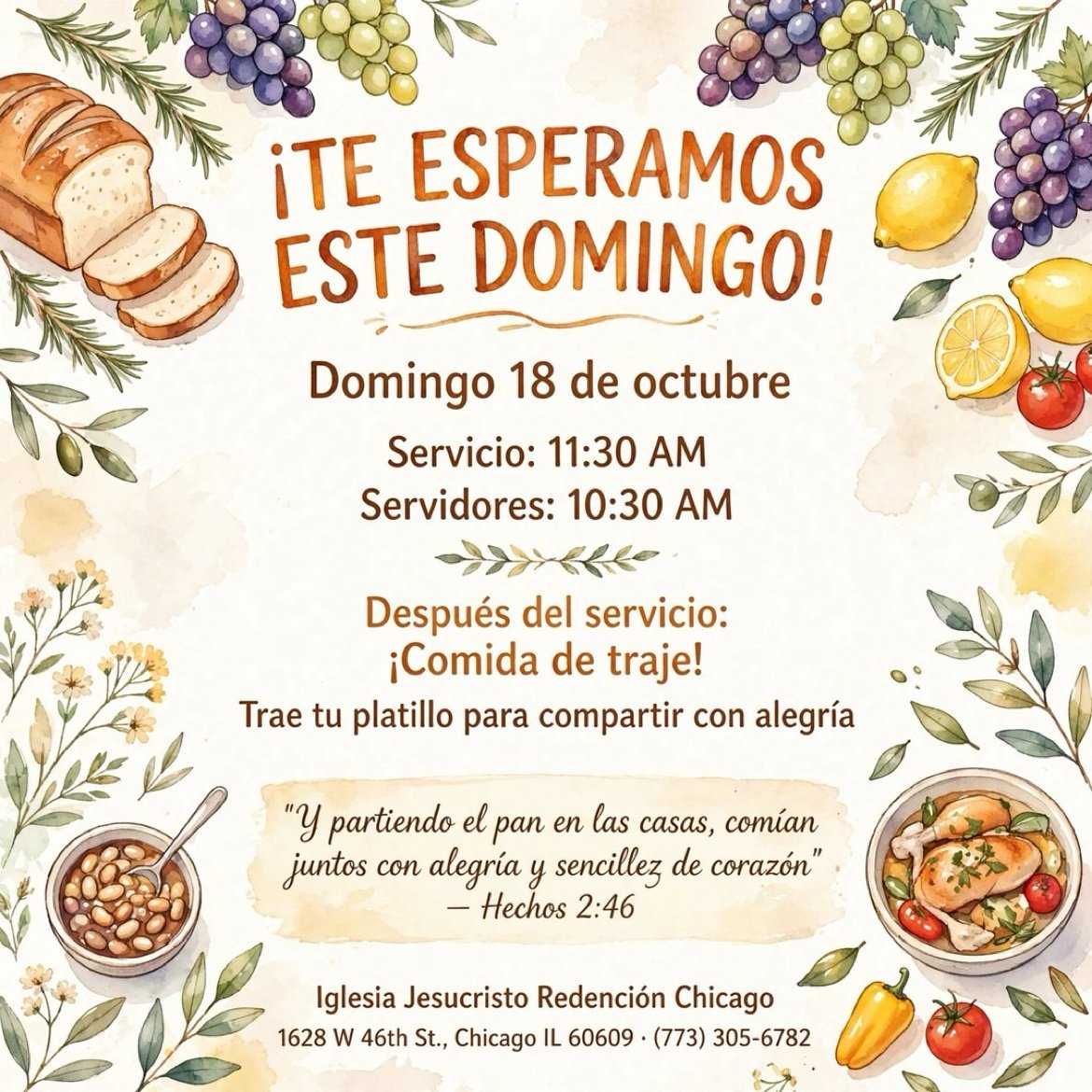 Invitación: «¡Te esperamos este domingo!», servicio 11:30 AM y comida de traje después del servicio, con Hechos 2:46