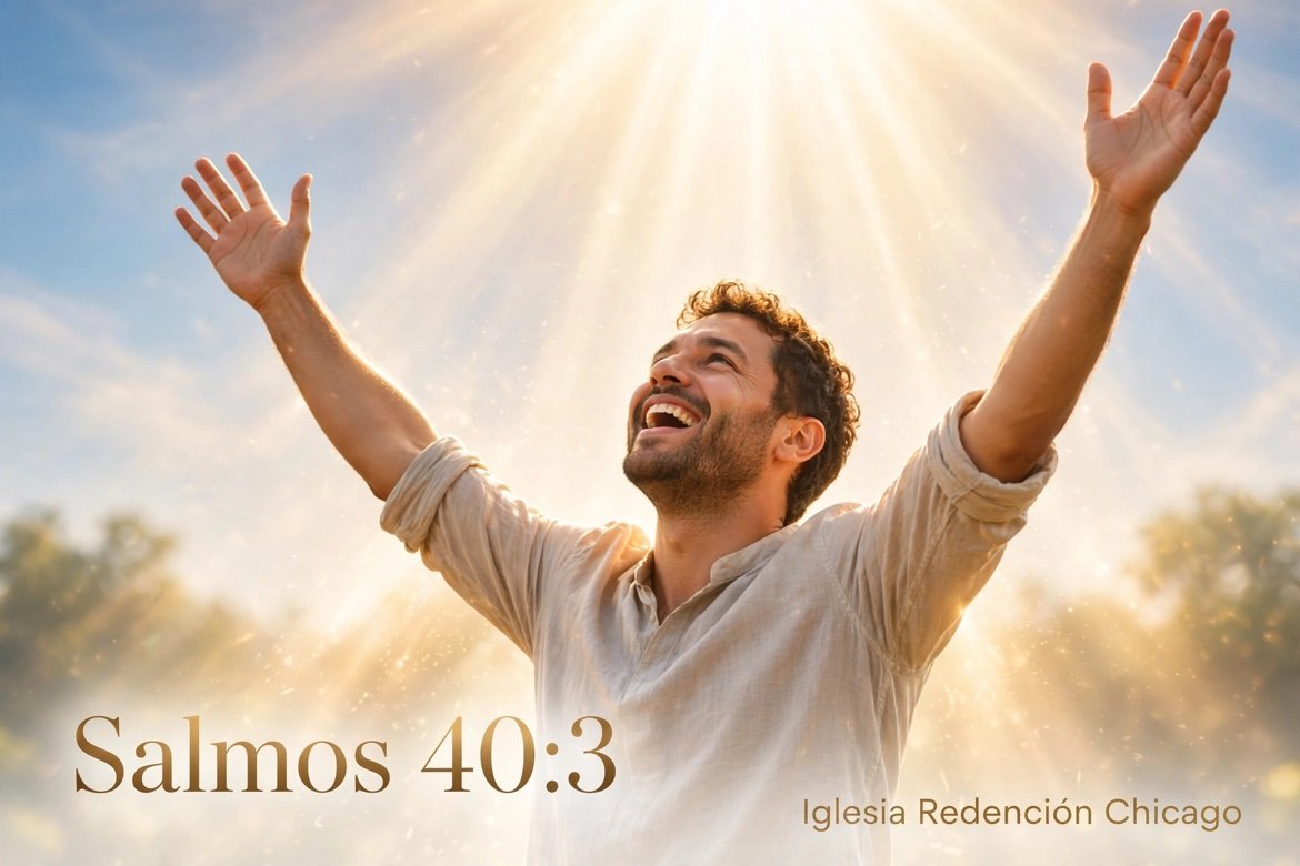 Arte: «Salmos 40:3», un hombre con los brazos alzados hacia la luz del sol — Iglesia Redención Chicago